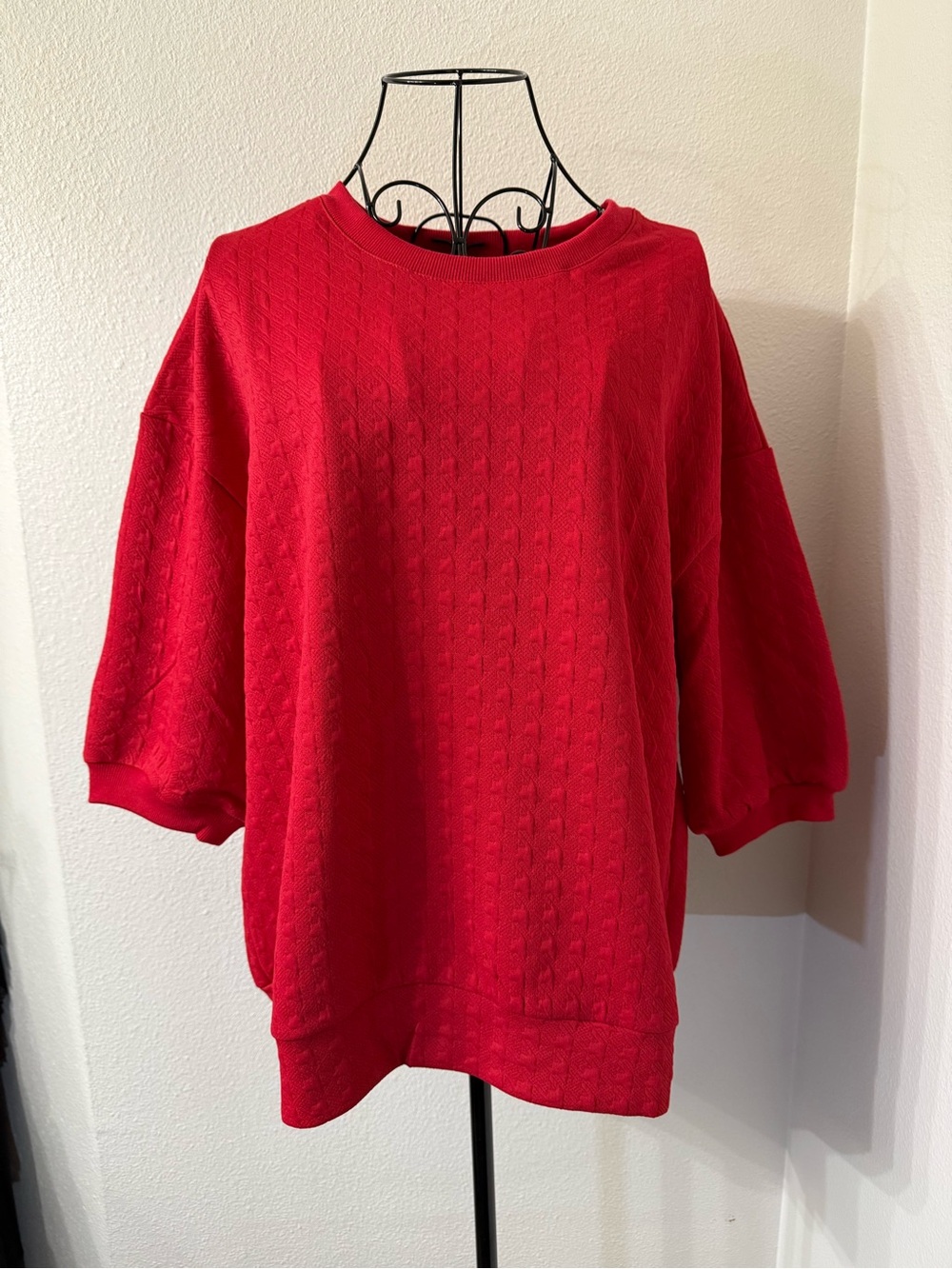 Timing Embossed Textured Sweater Oversized Drop Shoulder 3/4 Sleeve